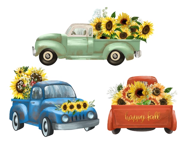 Set of old trucks with sunflowers illustration isolated on white background