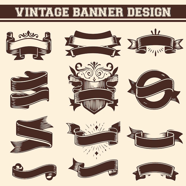 Vector set of old vintage ribbon banners and drawing