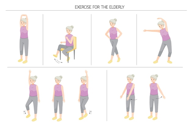 Set Of Old Woman Standing And Moving Body For Good Health, Exercise For Healthy Heart