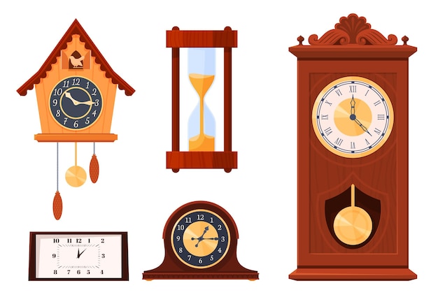 A set of old wooden clocks of various types and models Wall office clocks Time tracking Vector illustration