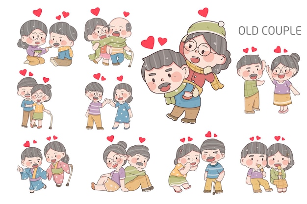 Set of older couple character illustration grandparents' day