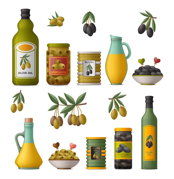 Vector set of olive products. whole fruits and without stones in tins, oil in bottles and glass jugs, branches.