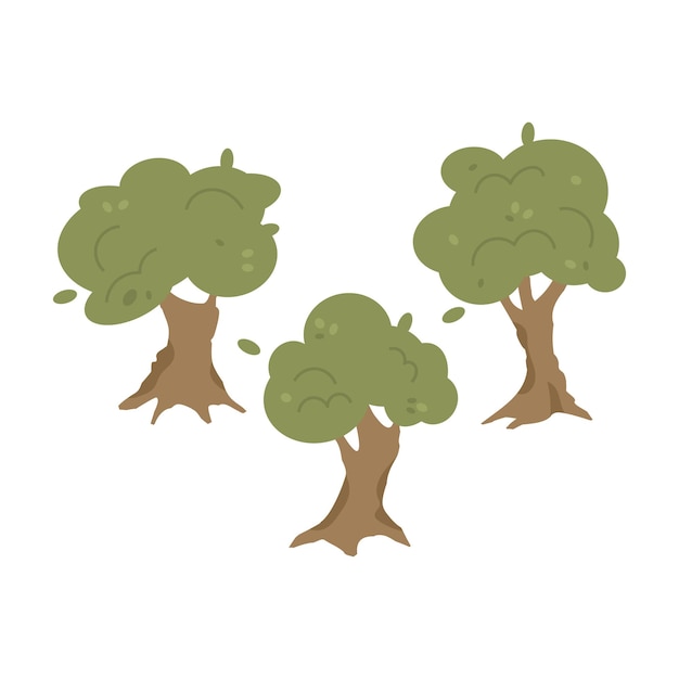 Set olive trees with foliage and big trunk cartoon illustration