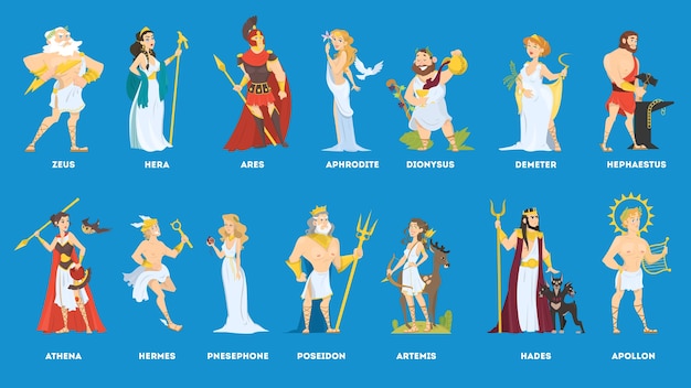 Set of Olympian greek gods and goddess. Hermes and Artemis, Poseidon and Demeter. Vector flat illustration