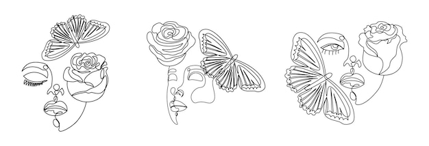 Set of one line faces with roses and butterflies