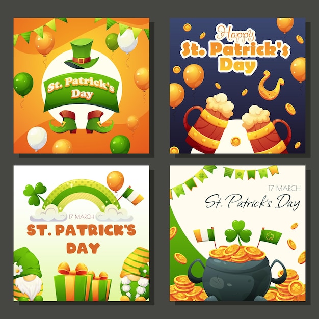 Set of one to one posters for St Patricks Day Cartoon holiday greetings in green orange and white colors Vector illustration