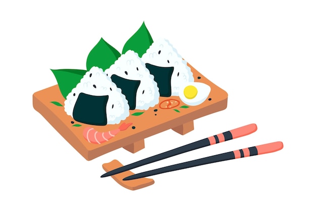 Vector set of onigiri on a wooden plate