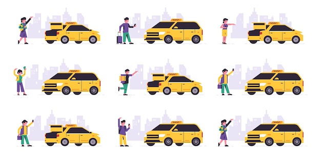 Set of online taxi ordering service Urban cab service Passengers and yellow car on the background of the city Vector illustration isolated on background