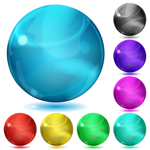 Set of opaque spheres of various colors with glares and shadows