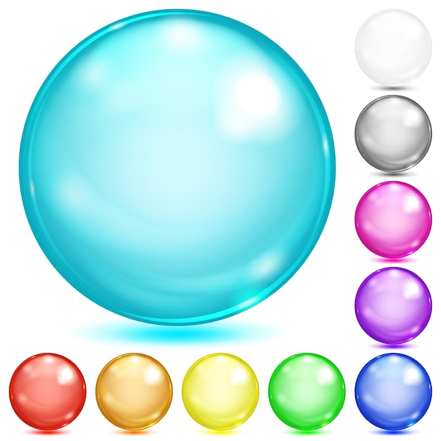 Set of opaque spheres of various colors with glares and shadows