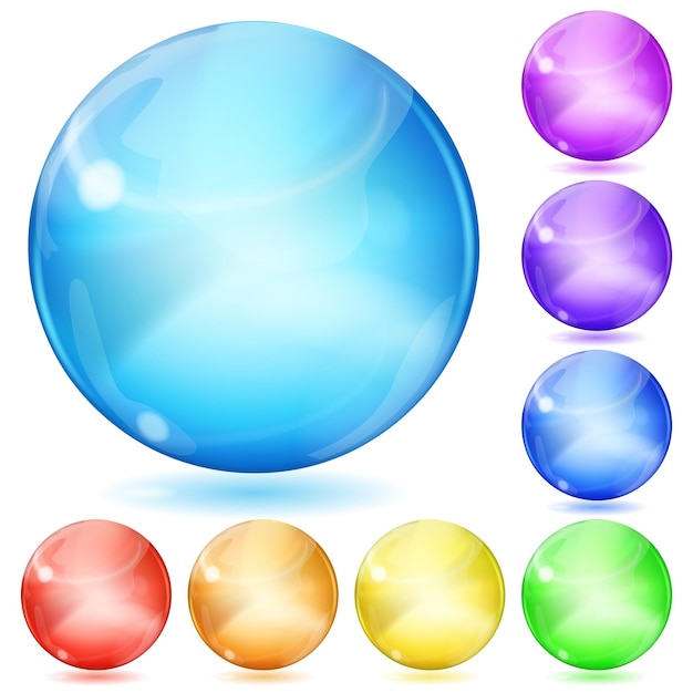 Set of opaque spheres of various colors with glares and shadows