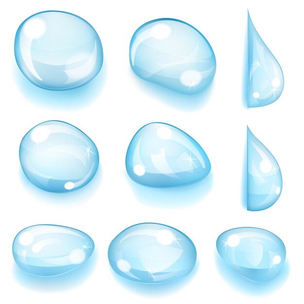 Set of opaque water drops of different forms