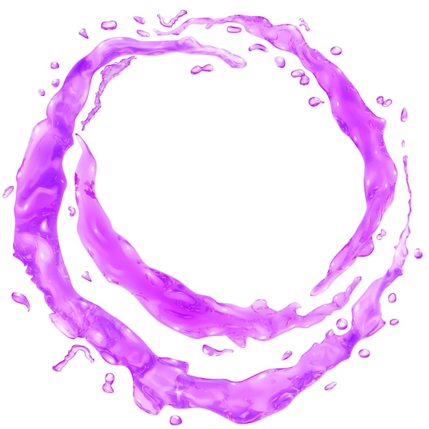 Set of opaque water splashes in the form of a half rings and water drops in purple colors, isolated on white background