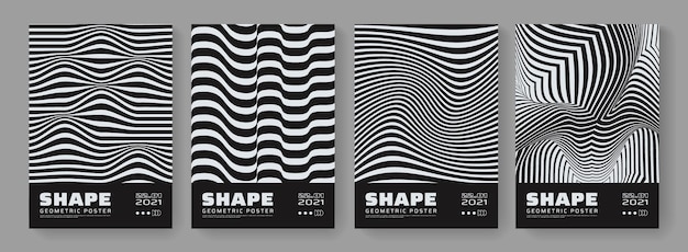 Set of Optical illusion posters. Abstract stripes. 3d wavy lines background.