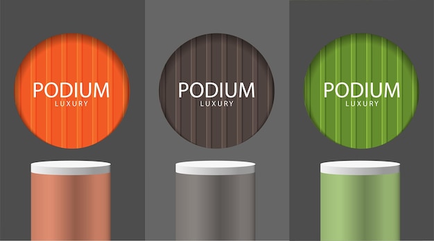 Set of orange brown green and white grey circle 3d cylinder stand podium collection design vector