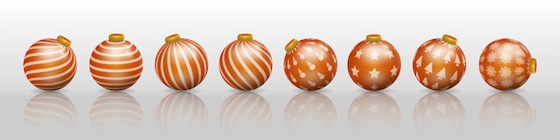 Set of orange christmas ball decorations, ornaments with various patterns