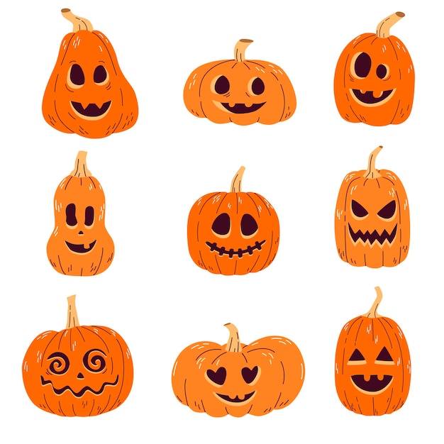 Set orange pumpkin with funny faces for the holiday Halloween Vector illustration