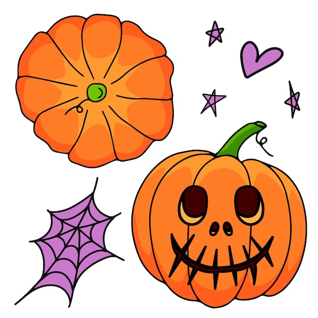 Set orange pumpkin with web and hearts on white background