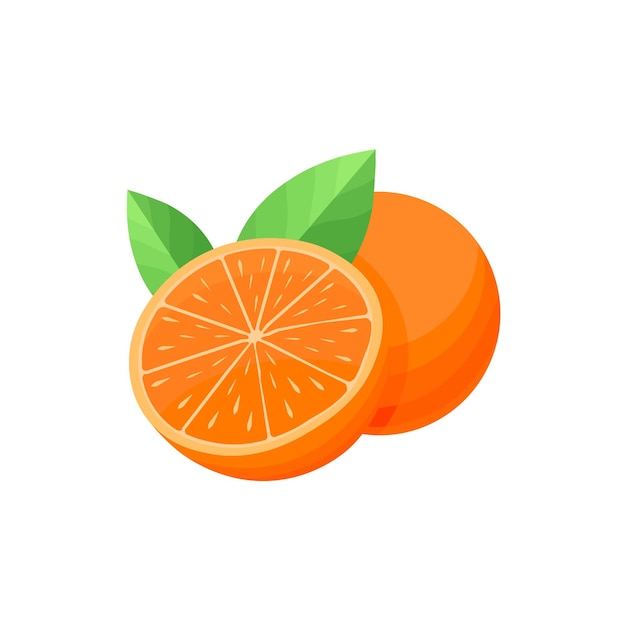 Set of orange slice and a whole orange with leaves Cartoon vector illustration isolated on white background