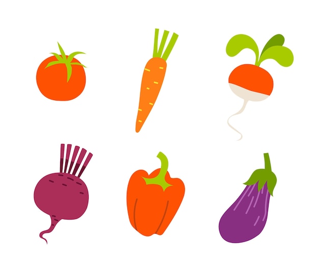 Set of organic vegetables in red and purple colors on a white background.