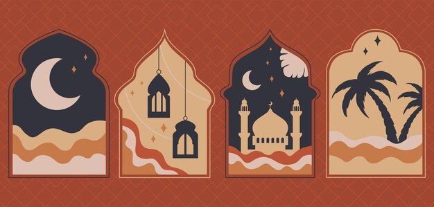 Vector set of oriental muslim windows with crescent mosque lantern vector illustration in flat style