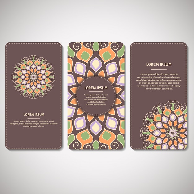 Set of ornamental cards, flyers with flower mandala in brown