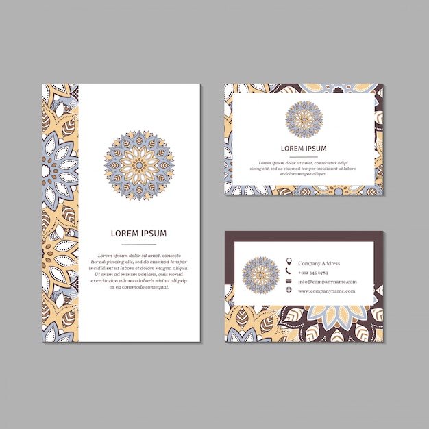 Set of ornamental cards with flower mandala.