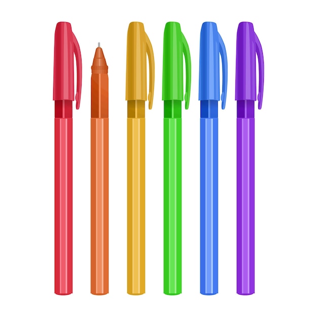 Set os Multicolored pens isolated on white background front View from above vector illustration