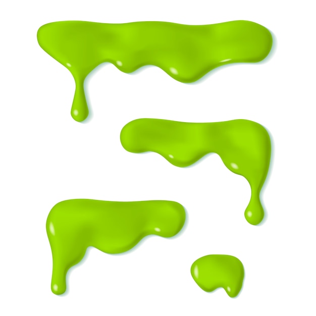 Set ot of melted dripping slime. Oozing green liquid paint.  realistic  illustration  on white background. Halloween . Flowing melted toxic blob. Horizontal leaking border