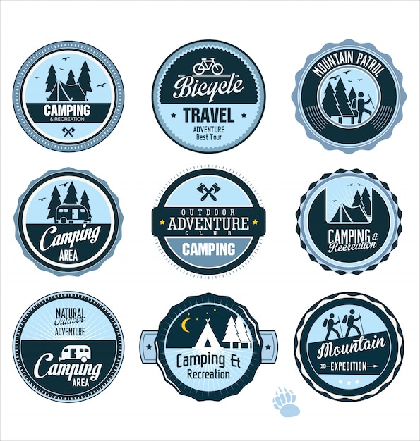 Set of outdoor adventure blue and green retro badges