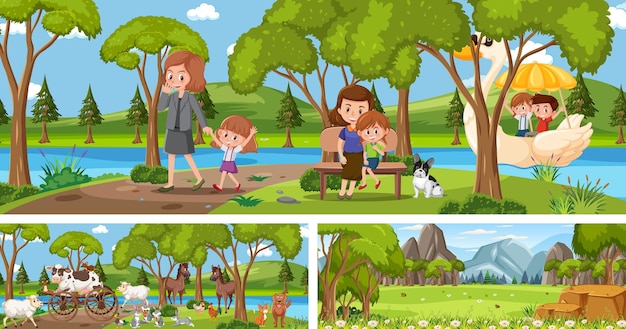 Set of outdoor panoramic landscape with cartoon character