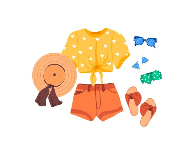 Vector set of outfit creator with summer fashion womens clothing tshirt shorts