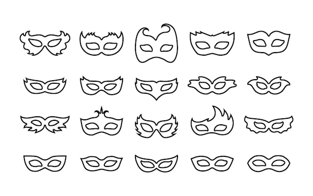 Set of outline carnival masks. Simple linear icons of masquerade masks for party parade and carnival