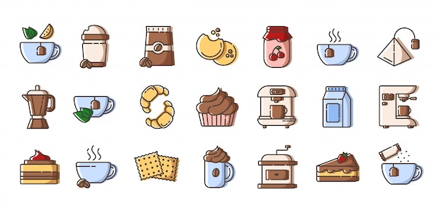 Set of outline colored icons - coffee and tea, coffee brewing equipment, cup or mug with hot drinks