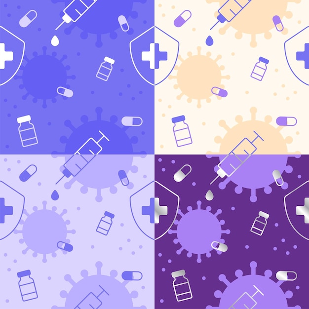 Set of Outline Flat Cute Minimal Covid19 Vaccine Medicine Vector Pattern Design Violet Lilac Purple