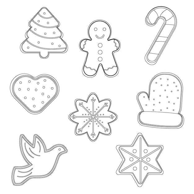 Set of outline gingerbread cookies man Christmas tree star dove mitten Vector illustration