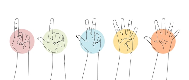 Vector set of outline hands counting numbers from one to five hand gestures vector illustration