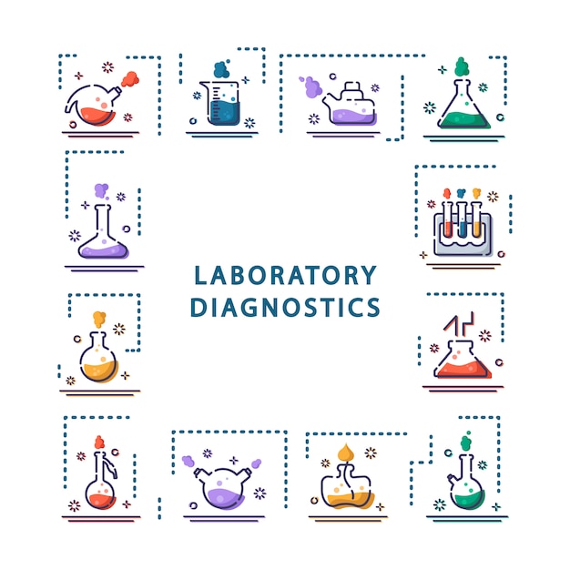 Set of outline icons, framelaboratory flasks, test tubes for scientific experiment. Chemical lab 