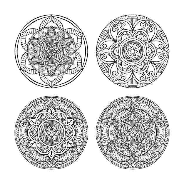 Set of Outline Mandala decorative round ornament, can be used for coloring book, anti-stress therapy, greeting card, phone case print, etc. Hand drawn style isolated on white background