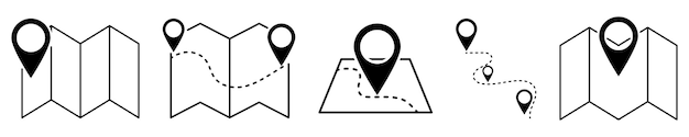 Set of outline maps and pins icons