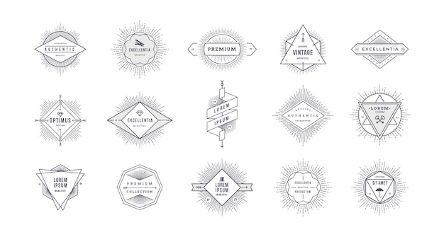 Vector set of outline retro emblems signs and logo with sunburst rays