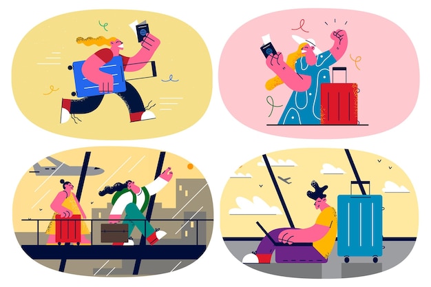 Set of overjoyed travelers with suitcases ready for summer vacation. Happy people excited travelling, have holiday or weekend abroad. Adventure and journey concept. Flat vector illustration.