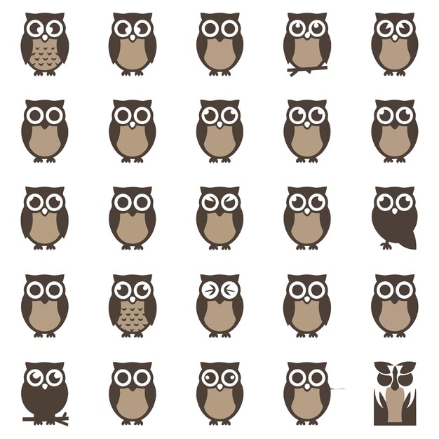 Vector a set of owls with different expressions and a white background