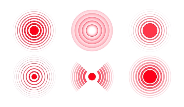 Set of pain red circles Red rings Pain place localization sign and pain spots