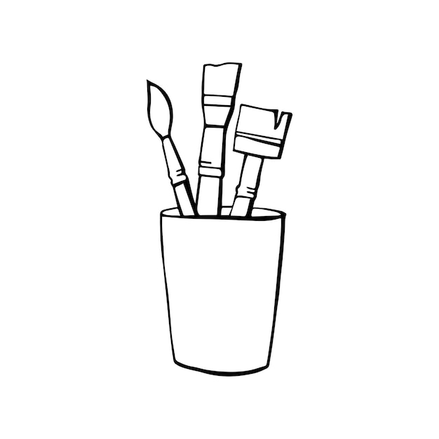 Set of paintbrushes in brush container black and white isolated on white background