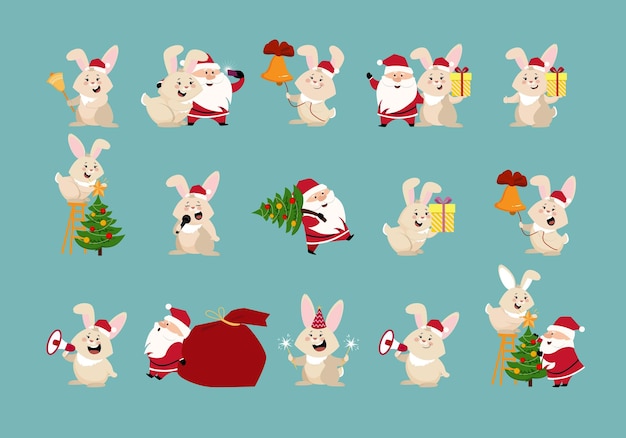 A set of painted vector icons of funny santa claus and cute rabbits with christmas items vector fest