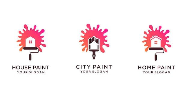 Set of painting logo design with home or city and paint brush. Premium Vector