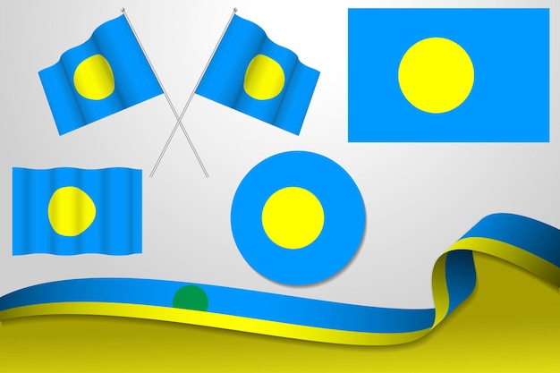 Set Of Palau Flags In Different Designs, Icon, Flaying Flags And ribbon With Background.