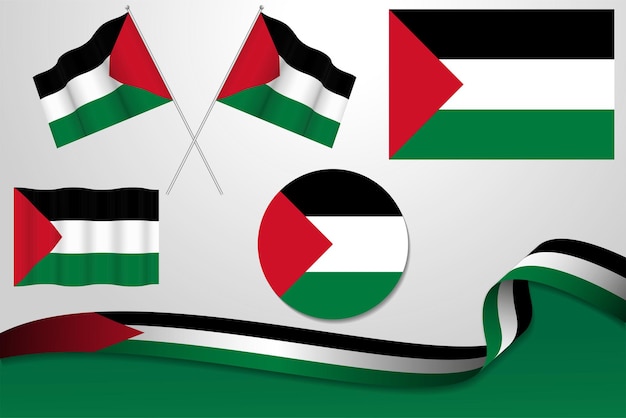 Set Of Palestine Flags In Different Designs Icon Flaying Flags With ribbon With Background