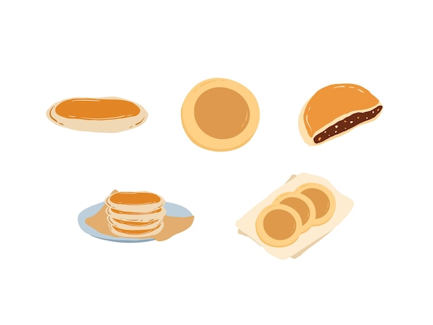 A set of pancakes with a loaf of bread and a bag of beef.